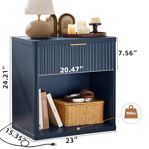 LEYAOYAO Fluted Nightstand with Charging Station, 23" Wide 1 Drawers Night Stand,Blue End Table with Open Storage,Farmhouse Bed Side Tables, Wood Dresser for Bedroom, Living Room, Closet
