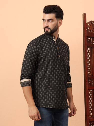 Image of LATEST CHIKAN Men's Cotton Regular Self Design Short Kurta Full Sleeves - Casual Ethnic Wear