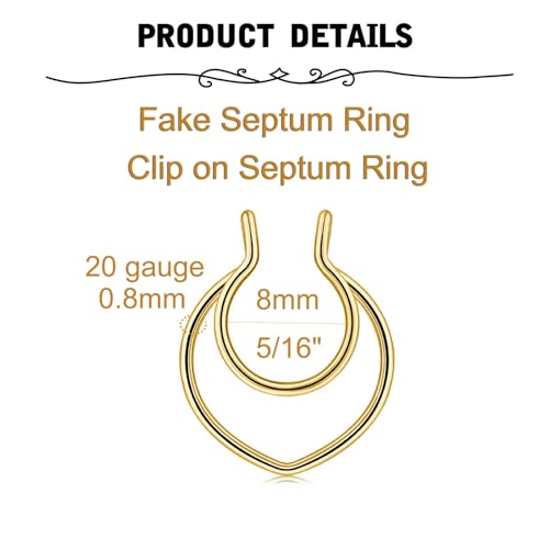 MODRSA Faux Septum Nose Rings - Clip on Septum Ring, Non Piercing Fake Nose Jewelry - Silver, Gold, Black3