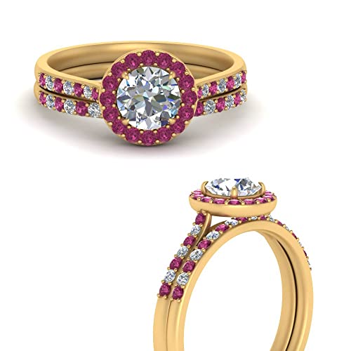 Image of Choose Your Gemstone Round Halo Ring with Matching Pave Band Yellow Gold Plated Round Shape Wedding Ring Sets Everyday Jewelry Wedding Jewelry Handmade Gifts for Wife US Size 4 to 12