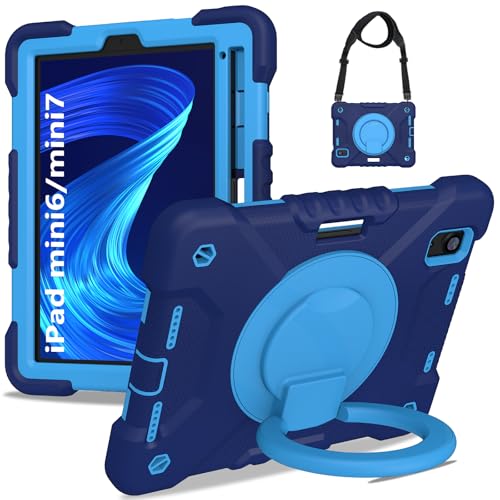 Coque iPad mini 7 et 6 rotative 360 avec poignée et bandoulière amovible bleu foncé