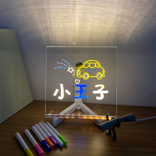 Kiddli Glow Magic Board, pizarra iluminada, tablero de notas de acrílico con 7 colores, pizarra de escritura lavable, memo (15 x 15 cm)