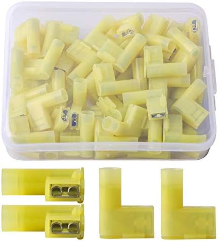 PONFY 50PCS Yellow Nylon Insulated Flag Spade Quick Disconnects 12-10 Gauge Female Wire Connector 90 Degree Electrical Crimp Terminals Connectors Set