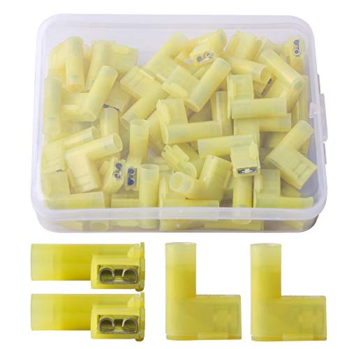 Ponfy 50Pcs Yellow Nylon Insulated Flag Spade Quick Disconnects 12-10 Gauge Female Wire Connector 90 Degree Electrical Crimp Terminals Connectors Set #TOP22