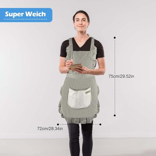 DONGFENGLION 2er Set Küchenschürze Damen mit Spitzen Tasche, Ölbeständig Schmutzabweisend aus Baumwolle Leinen für Kochen Backen Grillen, Geschenke für Frauen