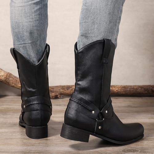 yamerbo Men's Western Cowboy Boots Square Toe Leather Cowboy Boots Classic Retro Pull-On Mid-Calf Biker Work Boots for Men4