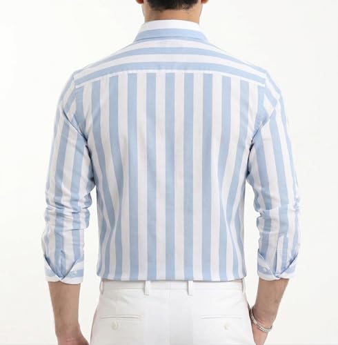 Image of IndoPrimo Men's Striped Cotton Shirt | Slim Fit Stylish Casual Shirt for Man | Full Sleeve Summer Wear Vertical Stripe Shirt for Office, Vacation