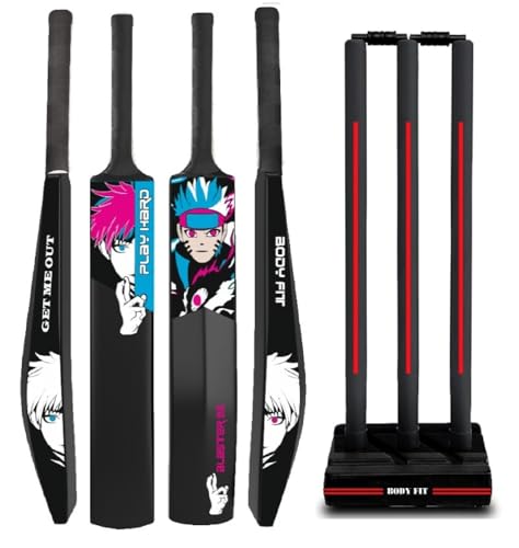 Image of Bodyfit PlayHard Heavy Duty Plastic Cricket Bat for Men, Women, Children | Lightweight| Full Size| | Hard Plastic Bat| Premium Black Cricket Wicket Set l 3 Stumps+2 Bails+1 Stand Set.(PHB-Green).