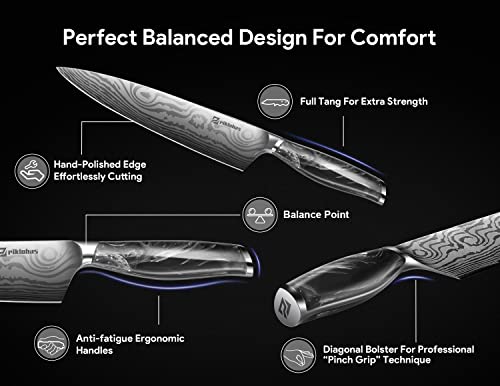 Piklohas Knife Sets With Magnetic Knife Holder, 14 Pieces Chef Knife Block Set, German Premium Quality Stainless Steel Damascus Pattern Cutlery Knifes With Sharpener And 6 Steak Knives, Black #TOP2