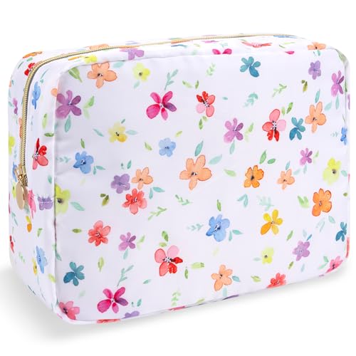 Nylon Large Floral Makeup Organizer Bag, Preppy Big Cute Flower Cosmetic Zipper Pouch Multi-compartment with Dividers, Waterproof Toiletry Makeup Brushes Bag Travel Essentials for Women(White-Flower)
