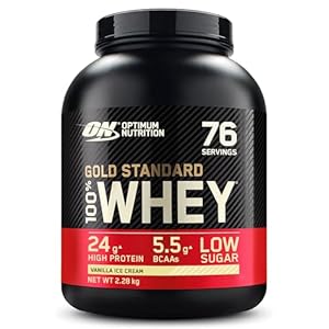 Optimum Nutrition Gold Standard 100% Whey Spieropbouw en Herstel, Proteïnepoeder met Lichaamseigen Glutamine en BCAA Aminozuren, Vanille-ijs Smaak, 76 Porties, 2.28 kg