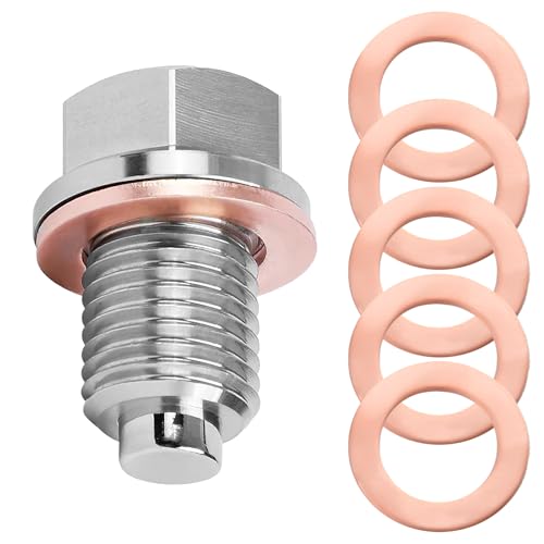 Magnetic Oil Drain Plug, M14 X 1.5 Stainless Steel Sump Drain Nut Bolt with 5pcs Copper Crush Washer, Replacement Universal Oil Plug for Most Cars Motorcycle Boats