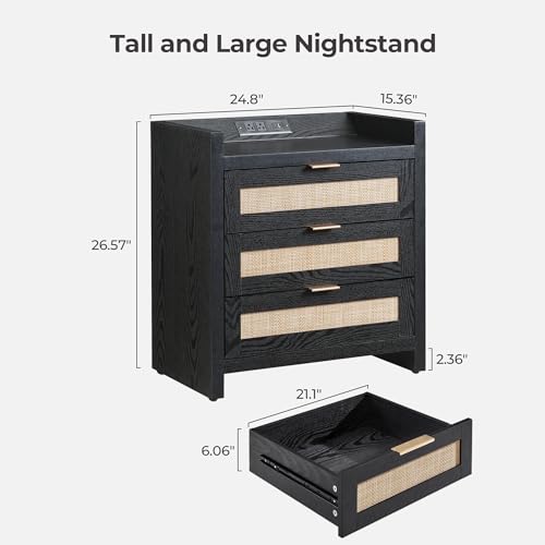 Image of SICOTAS Nightstands Set of 2 Bedside Table - Larger Rattan Night Stand with Type-C Charging Station, 3 Drawers Storage - Boho Tall Night Stands End Table for Bedroom Office - Black Oak