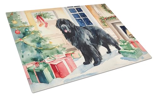 Caroline's Treasures DAC2708LCB Newfoundland Cozy Christmas Glass Cutting Board Large Decorative Tempered Glass Kitchen Cutting and Serving Board Large Size Chopping Board