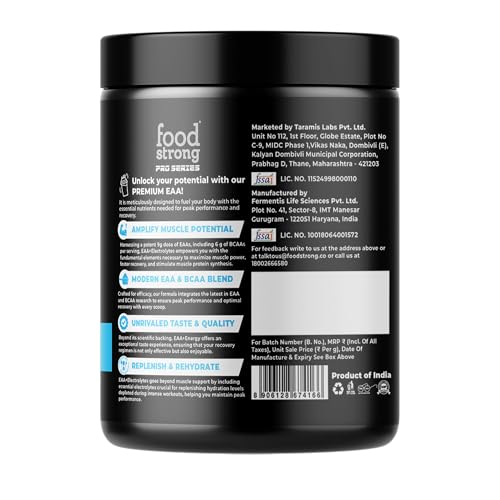 Image of Foodstrong EAA 9000 with Hydrating Electrolytes, Blue Raspberry Ice Flavour, 9g Essential Amino Acids (EAA) & 6g BCAA Per Serving - Supports Muscle Recovery & Rehydration - 300g, 25 Servings
