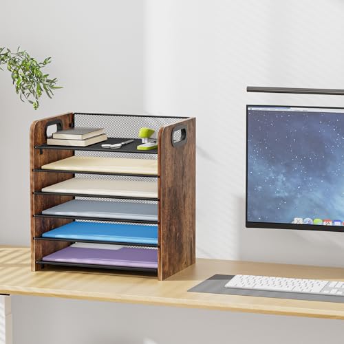 Image of Marbrasse 6 Tier Paper Organizer Letter Tray - Wooden Desk File Organizer with Handle, Paper Sorter Organizer for Letter /A4 Office File Folder Holder