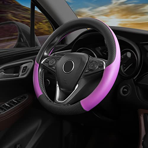 CATYA デイズ ハンドルカバー スペーシアカスタム 対応 ステアリングカバー スポーツスタイル PUレザー 通気 グリップ感よし 滑り防止 手触りよし 握りやすい カーアクセサリー (ブラック+パープル) 1P SP002