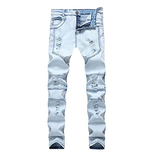 Men's Stylish Ripped Pocket Denim Pants Straight Fit Skinny Slim Stretchy Jeans Classic Vintage Biker Jean Trousers (Light Blue,34)