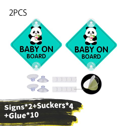 Image of 2PCS Panda Baby On Board Sticker for Cars, Cute Kids in Car Suction Cup Sign for Car Window Bumper Truck Auto Warning Decals (Suction Cup, Mint Green)