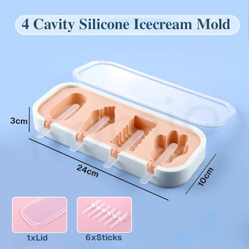 Image of 4 Cartoon Shape Cavity Non-Stick Silicone Ice Cream Mould with Lid & 6 Plastic Sticks Reusable Ice Lolly, Frozen Candy, Kulfi Molds, BPA-Free Stackable DIY Icecream Popsicle Maker (Multicolor)