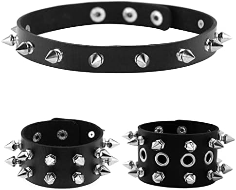 Tosmifairy Short Spiked Black Leather Choker Necklace and Wide Cuff Bracelets 80s 90s Biker Punk Rock Jewelry Set for Women Men Girls