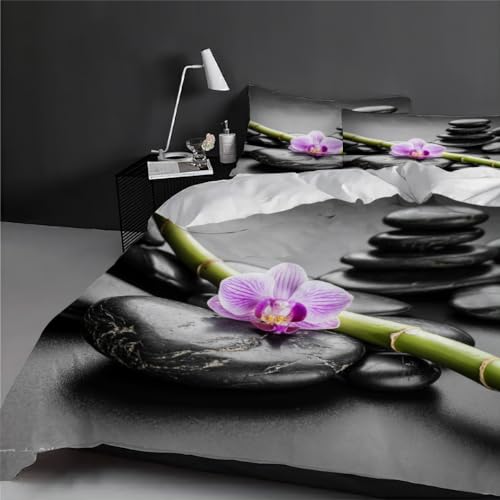 Housse de couette 220x240 3D impression microfibre pierre zen orchidée