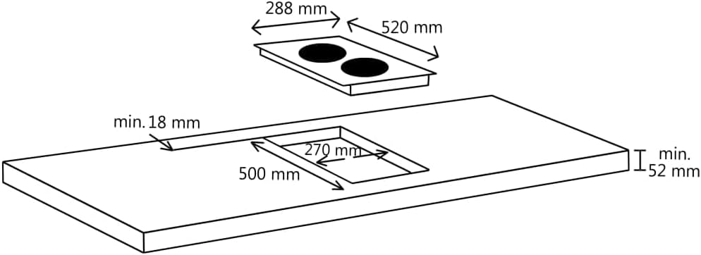 Installation diagram showing cut-out dimensions for the 28.8 cm ceramic hob