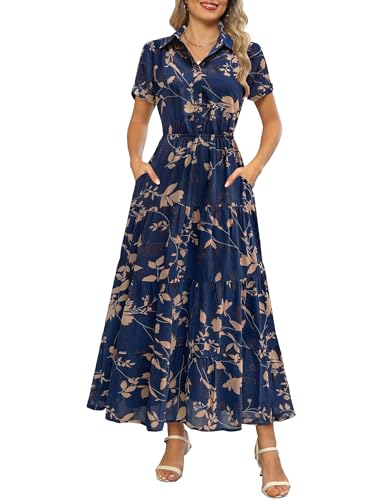 Image of Kranda Women 2026 Summer Collared V Neck Short Sleeve Button Down Chiffon Long Tiered Floral Maxi Dress with Pockets