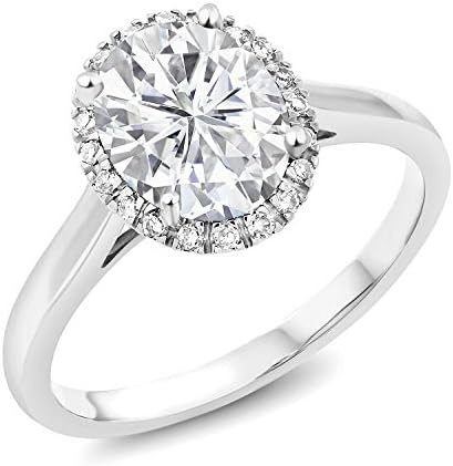 10K White Gold Created Moissanite by Gem Stone King and Diamond Women Engagement Ring (2.24 Cttw, Oval 9X7MM, Available In Size 5,6,7,8,9)