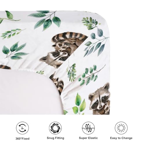Image of Cute Raccoon Green Leaves Baby Crib Sheets for Girl Boy 52 inchx28 inch Mother Baby Raccoon Soft Breathable Crib Mattress Cover Animals Boho Retro Leaves Bed Sheets Fits Standard Crib and Toddler Mattress