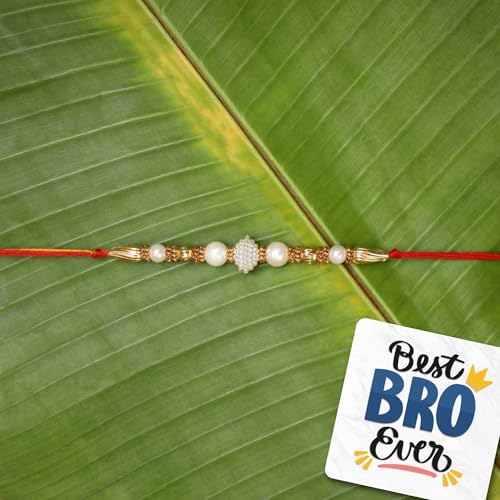 Image of eCraftIndia White & Golden Pearls Designer Rakhi for Brother with Best Bro Ever Fridge Magnet and Roli Chawal Pack
