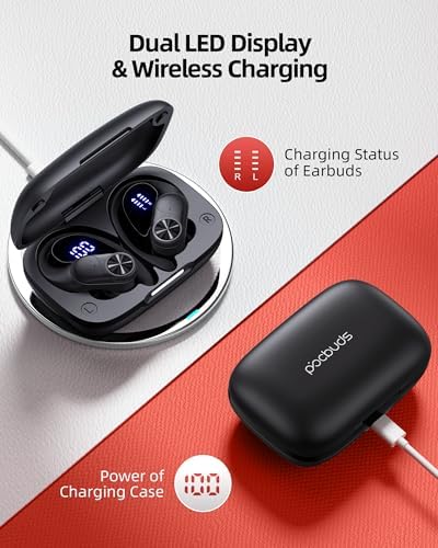 PocBuds Bluetooth Headphones Wireless Earbuds 80hrs Playtime Wireless Charging Case Digital Display Sports Ear Buds with Earhook Deep Bass IPX7 Waterproof Over-Ear Earphones for TV Phone Laptop Black - Thumbnail 3