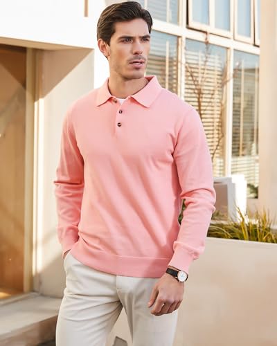 Image of Kallspin Mens 100% Cotton Polo Sweater Long Sleeve Button Down Knit Pullover Relaxed Fit Collared Casual Tops