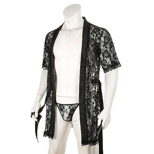 WSZJLN Spitze Bademantel Männer Sexy Lange Robe Nachtwäsche Nachtwäsche Kimono Nachthemd Lose Bad Kleid Kostüm mit T-Back-schwarz-M