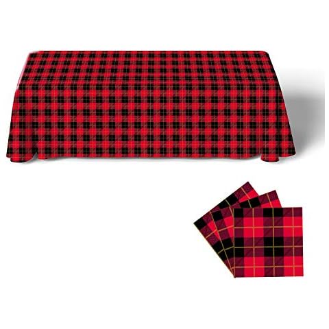 Gatherfun Disposable Birthday Tablecloth Rectangle Waterproof Oil-Proof Table Cover with Red and Black Plaid and Gold Stamping for Party Picnic Barbecue Dinner Parties (3PCS,54X108Inch) Cover