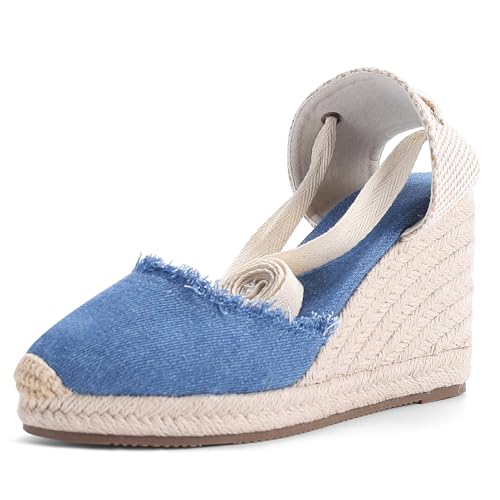 U-lite Womens Espadrille Wedge Sandals Closed Toe Platform Lace Up Ankle Strap Slingback Summer Dress Shoes Dark Denim Canvas-3" 6.5