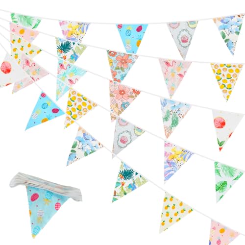 Banderines de tela hawaiana multicolor de 10 m, 26 hermosos banderines de flores, guirnalda de banderines de tela vintage para fiestas, cumpleaños, té de la tarde, Pascua y decoraciones hawaianas