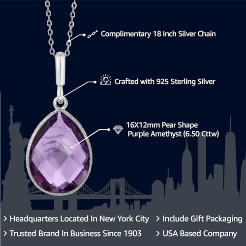 Gem Stone King 6.50 Cttw Amethyst Teardrop Pendant Necklace For Women | 925 Sterling Silver | Pear Shape 16X12MM | Gemstone Birthstone | With 18 Inch Silver Chain2