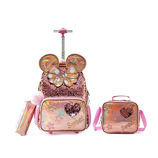 Mochilas de Rodinhas Infantis CUTBLAJAT - Kit Bolsa Feminina, Lancheira e Estojo, Rosa com Brilho Dourado e Detalhes de Borboleta e Coração