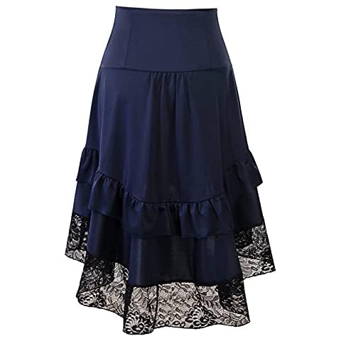 Qixiu Skirts for Women Midi Length Dress Lace Party Halloween Women's Drawstring Skirt Gothic Patchwork Skirt Denim Overall Skirt Cover