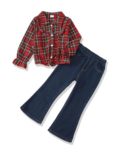 Kids Little Toddler Girl Clothes Button Down Tie Front Shirt + Bell Bottoms Jeans Girls 2 Piece Outfits Clothing Set