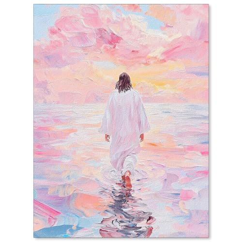 Jesus Walking On Water Pink Wall Art Religious Christian Oil Painting Canvas Poster Modern Aesthetic Artwork Decor for Bedroom Prayer Room Church 12X16 inch Unframed