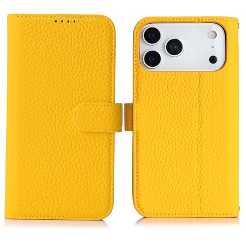Coque compatible iPhone 17 Pro étui cuir véritable jaune housse protection intégrale