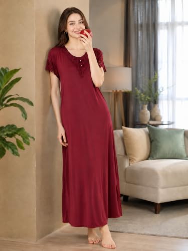 Image of 9shines Label Stylish Soft Modal Maxi Nighty | Honeymoon Nighty | Full Length Trendy Nightgown | V-Neck Lace | Premium Nightdress | Soft Long Nightdress | Maxi Gown Nightwear for Women (Malai Satin)