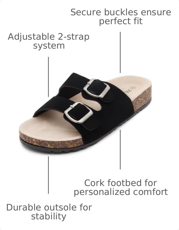 Image of Herstyle Womens Cork Footbed Slides for Women, Double Strap Flat Sandals, Adjustable Buckle Comfort Slip On Shoes, Summer Beach Casual Walking Slippers