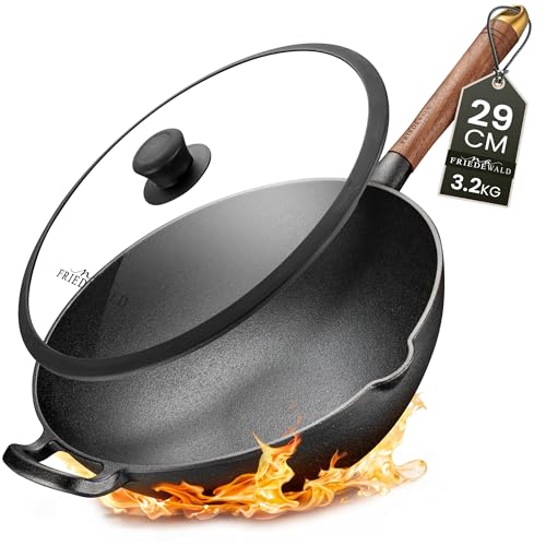 Friedewald® Gusseisen Wok mit Deckel - induktionsgeeignet - 29 cm/für 2-4 Personen - alle Herdarten - massive Grill & Bratpfanne - natürliche Anti-Haft Beschichtung - hoher Rand - Schmorpfanne