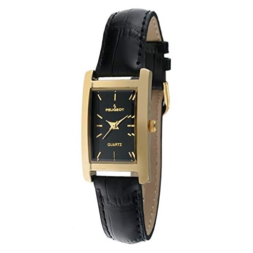 Peugeot Women's Classy 14K Gold Plated H Rectangle Case Black Leather Band Dress Watch 3007BK
