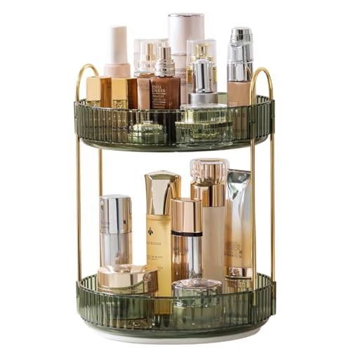 360° Rotating Makeup Organizer Box - Cosmetic Storage with Drawers, Plastic Makeup Holder Stand for Dressing Table, Lipsticks, Nail Polishes & Accessories (Gem Green, 2 Layer)
