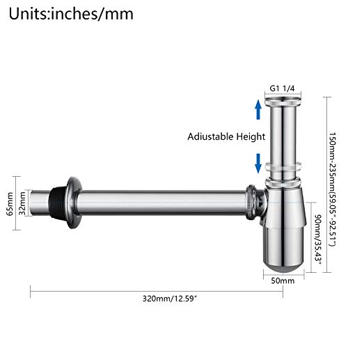 GORDEE Bathroom Basin Sink Bottle Trap Waste Pipe 1-1/4 inch Slip Inlet Drain Tube Kit, Lavatory Adjustable Basin Sink Waste Drain P-Trap Kit, General US Standard, Brushed Smooth Chrome - Thumbnail 4