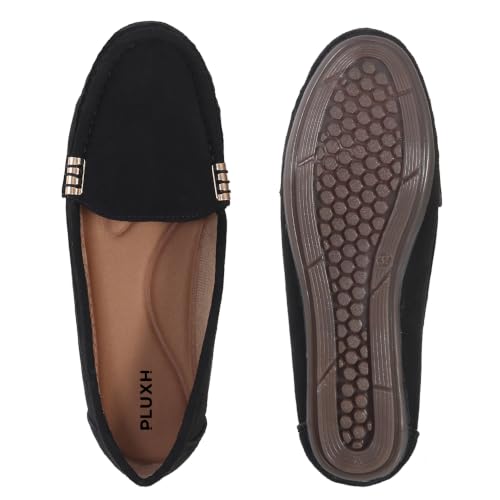 Image of Pluxh Women Classic Ballet Flats | Suede-Textured Slip-On Design with Metal Accent | Cushioned Footbed and Flexible Sole | Office, Casual & Travel Wear